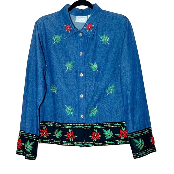 Blair Denim Button Down Shirt Jacket with Poinsettia Holiday Embroidery, Medium - Picture 1 of 12